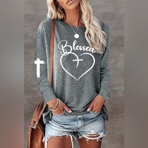 NEW 🩶Grey Heart & Cross Faith Print Casual Long Sleeve Top For All Seasons 🩶💕